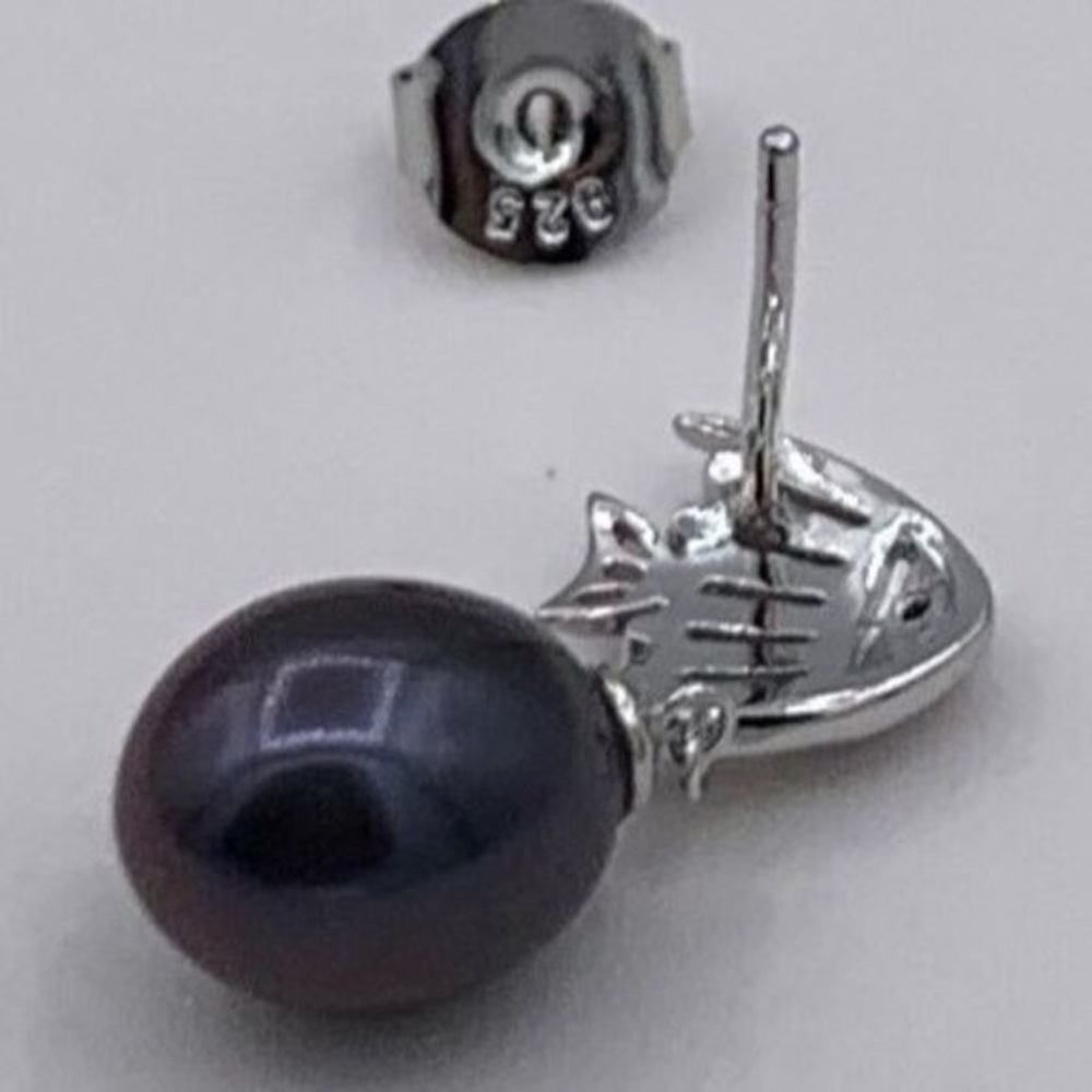 NWOT earrings solid 925 sterling silver real black pearls clear gem accents - Picture 2 of 4
